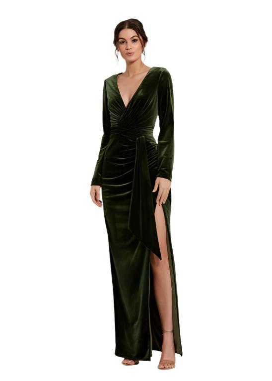 Long Sleeve Deep V Draped Velvet Gown